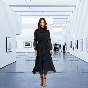 #117 Love Sam Boho Luxury Navy Blue Semi Sheer Dress NWT